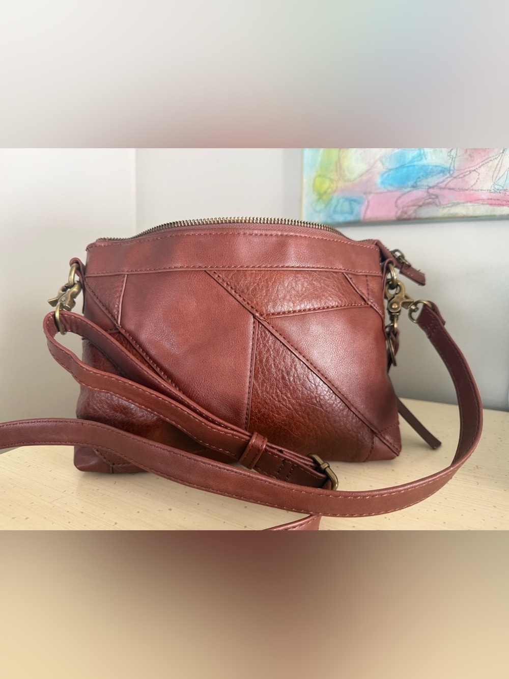 Frye & Co Brown Faux Leather Crossbody Bag Antique Brass Hardware